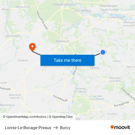 Lorrez-Le-Bocage-Preaux to Burcy map