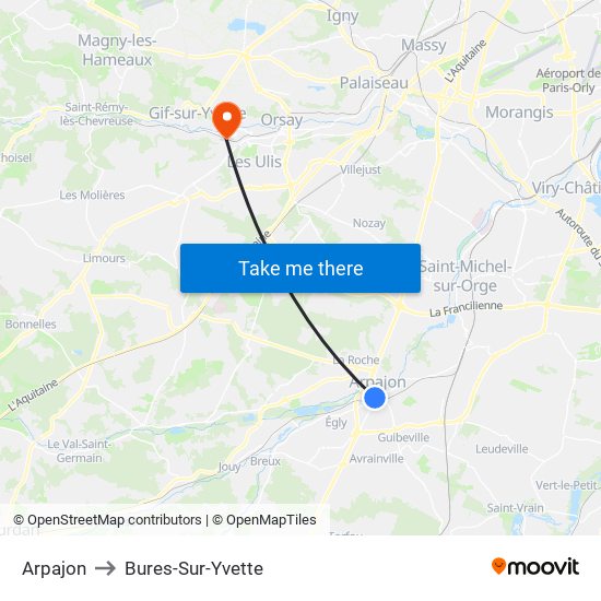 Arpajon to Bures-Sur-Yvette map