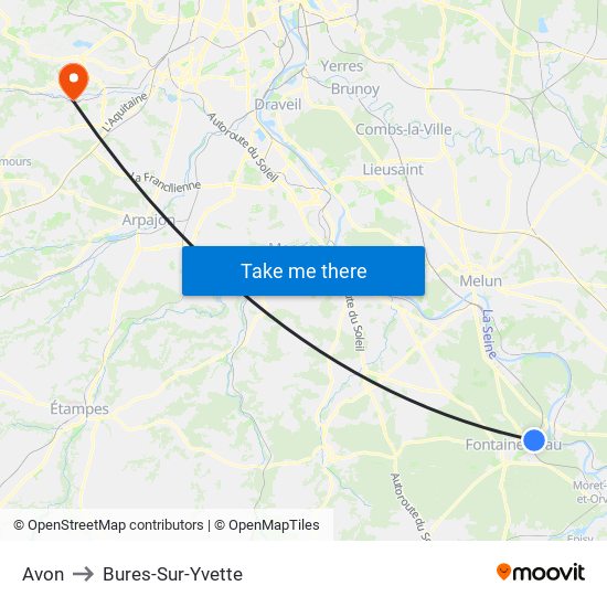 Avon to Bures-Sur-Yvette map