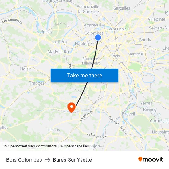 Bois-Colombes to Bures-Sur-Yvette map