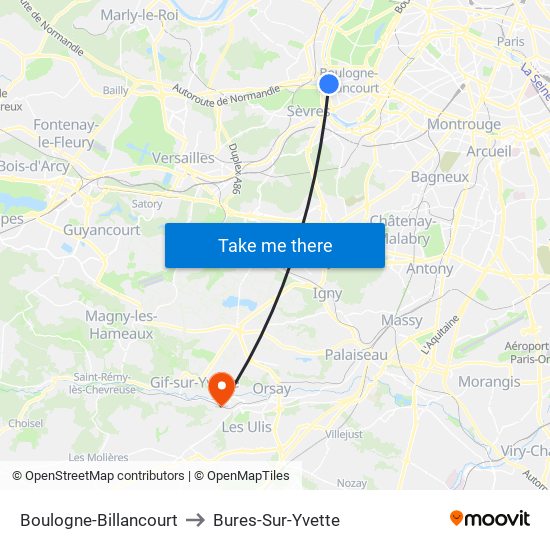 Boulogne-Billancourt to Bures-Sur-Yvette map