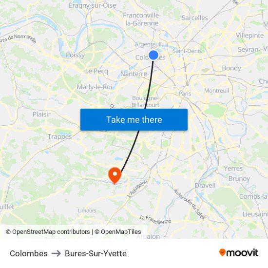 Colombes to Bures-Sur-Yvette map