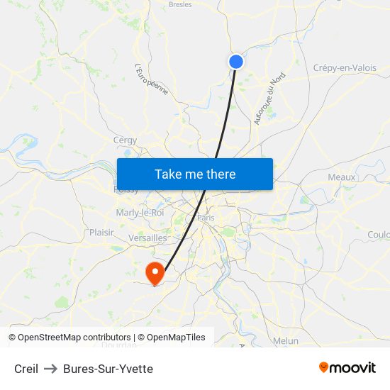 Creil to Bures-Sur-Yvette map