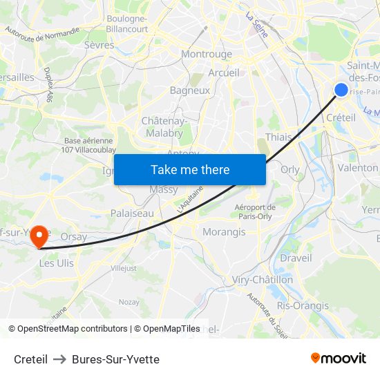 Creteil to Bures-Sur-Yvette map