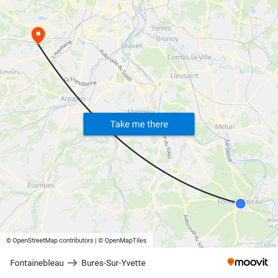 Fontainebleau to Bures-Sur-Yvette map