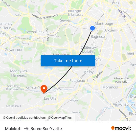 Malakoff to Bures-Sur-Yvette map