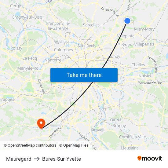 Mauregard to Bures-Sur-Yvette map