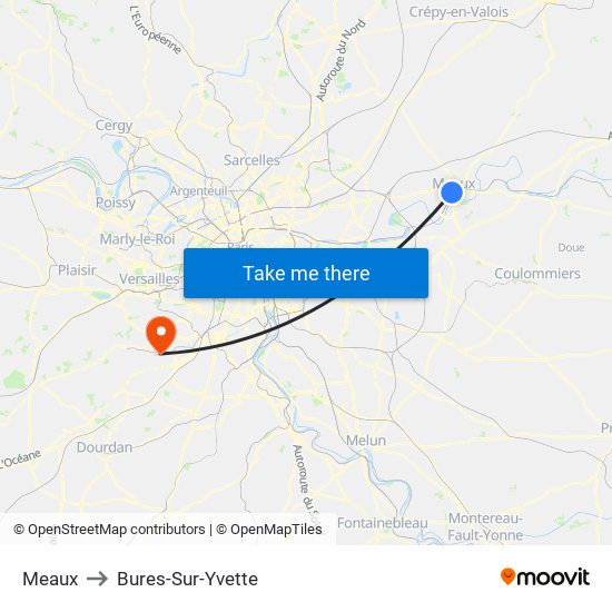 Meaux to Bures-Sur-Yvette map