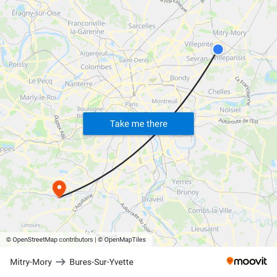 Mitry-Mory to Bures-Sur-Yvette map