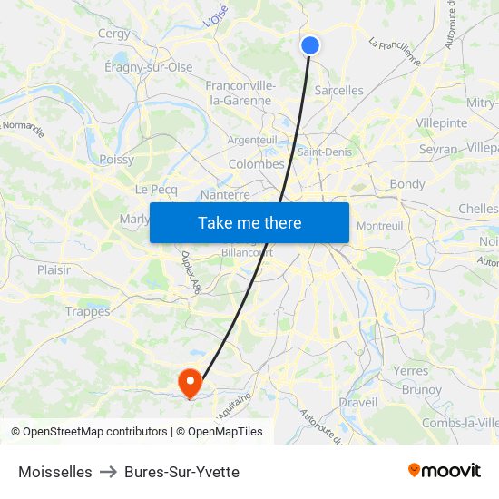 Moisselles to Bures-Sur-Yvette map