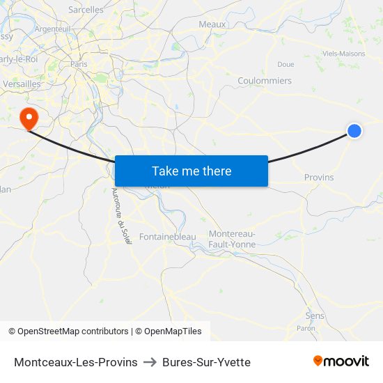 Montceaux-Les-Provins to Bures-Sur-Yvette map