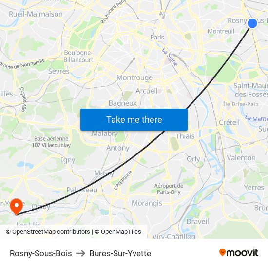 Rosny-Sous-Bois to Bures-Sur-Yvette map