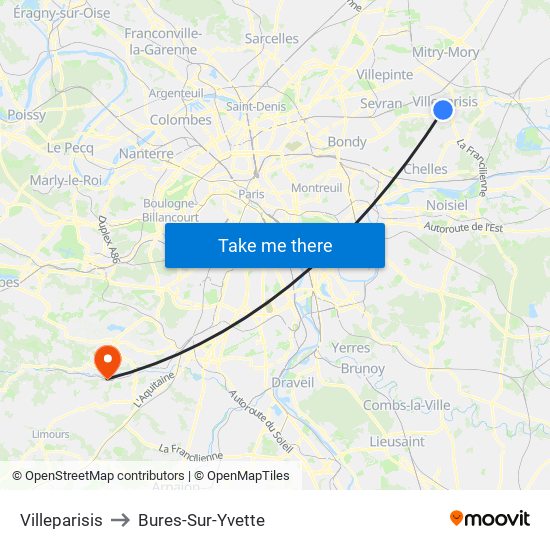 Villeparisis to Bures-Sur-Yvette map