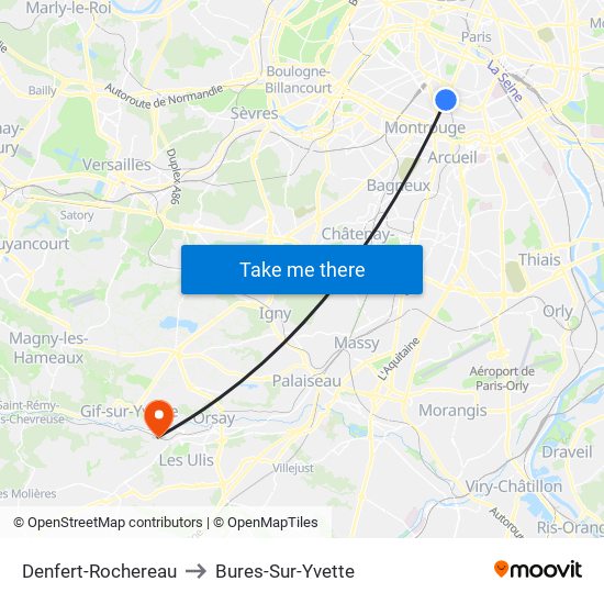 Denfert-Rochereau to Bures-Sur-Yvette map