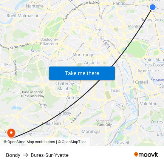 Bondy to Bures-Sur-Yvette map