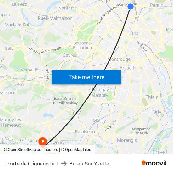 Porte de Clignancourt to Bures-Sur-Yvette map