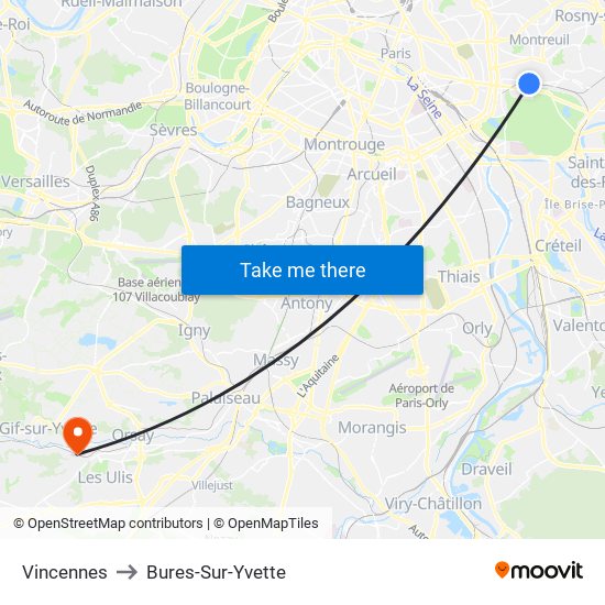 Vincennes to Bures-Sur-Yvette map