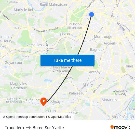 Trocadéro to Bures-Sur-Yvette map