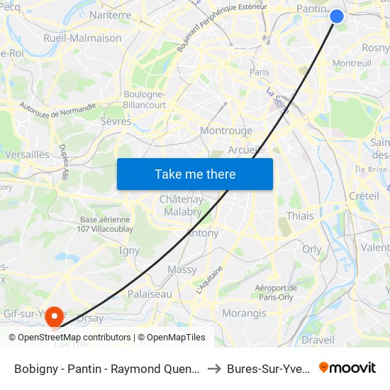 Bobigny - Pantin - Raymond Queneau to Bures-Sur-Yvette map