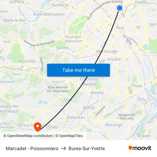 Marcadet - Poissonniers to Bures-Sur-Yvette map