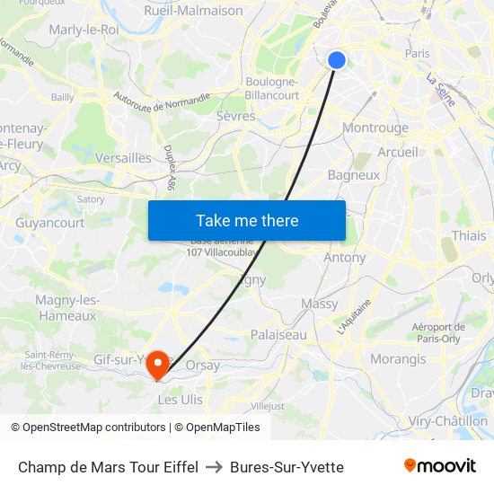 Champ de Mars Tour Eiffel to Bures-Sur-Yvette map