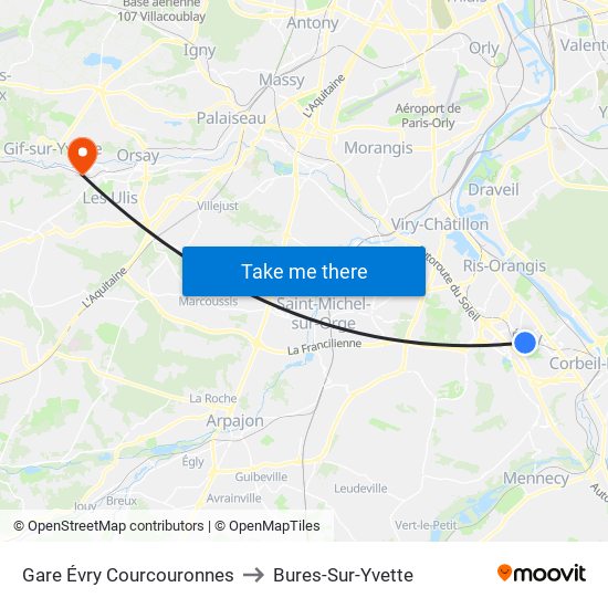 Gare Évry Courcouronnes to Bures-Sur-Yvette map