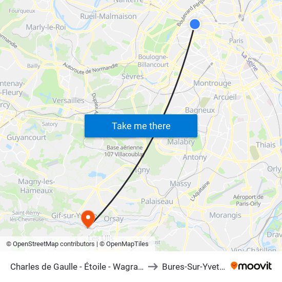 Charles de Gaulle - Étoile - Wagram to Bures-Sur-Yvette map