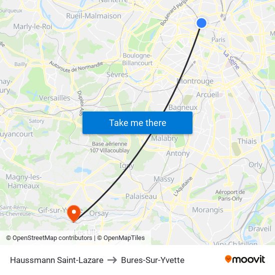 Haussmann Saint-Lazare to Bures-Sur-Yvette map