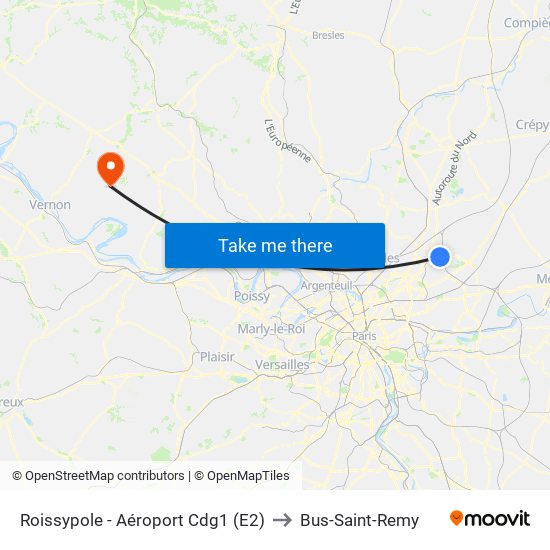 Roissypole - Aéroport Cdg1 (E2) to Bus-Saint-Remy map
