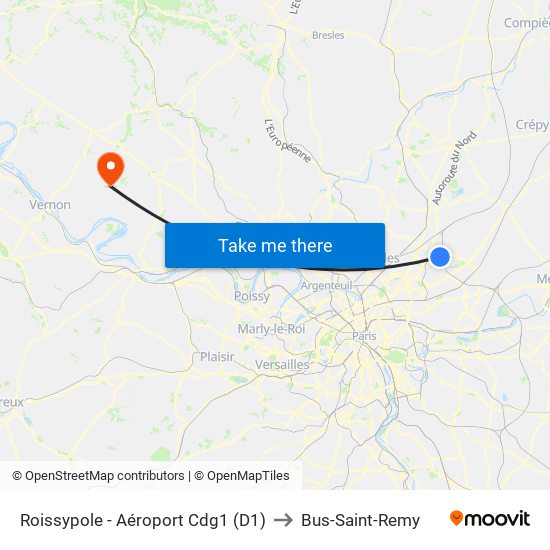 Roissypole - Aéroport Cdg1 (D1) to Bus-Saint-Remy map