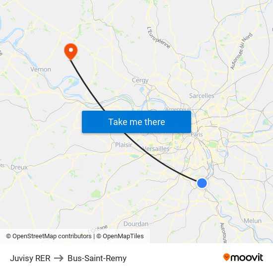 Juvisy RER to Bus-Saint-Remy map