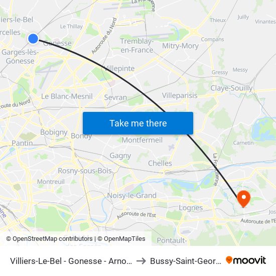 Villiers-Le-Bel - Gonesse - Arnouville to Bussy-Saint-Georges map