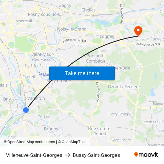 Villeneuve-Saint-Georges to Bussy-Saint-Georges map