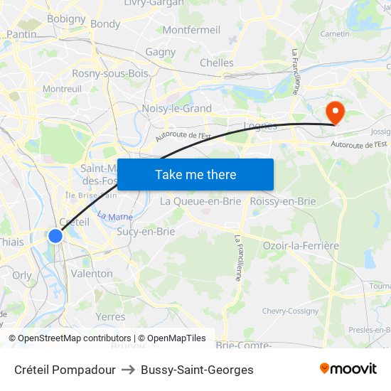 Créteil Pompadour to Bussy-Saint-Georges map