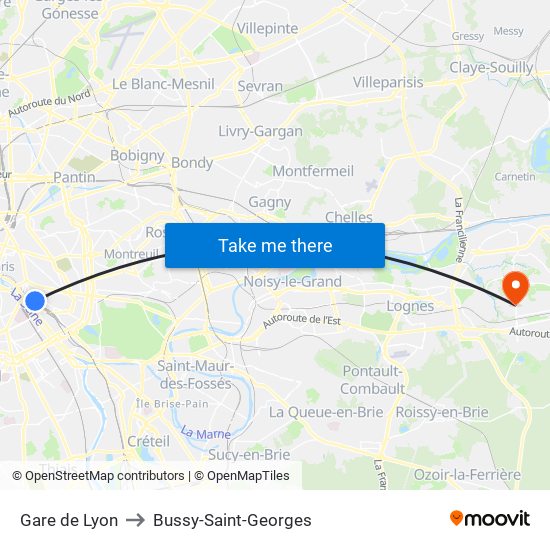 Gare de Lyon to Bussy-Saint-Georges map