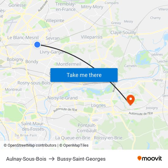 Aulnay-Sous-Bois to Bussy-Saint-Georges map