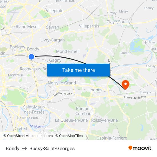 Bondy to Bussy-Saint-Georges map