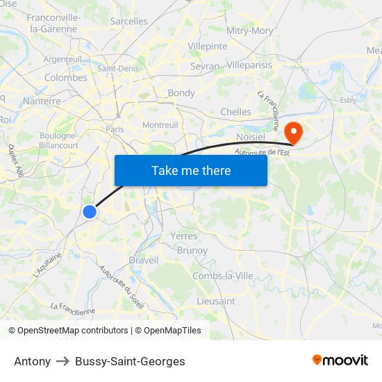 Antony to Bussy-Saint-Georges map