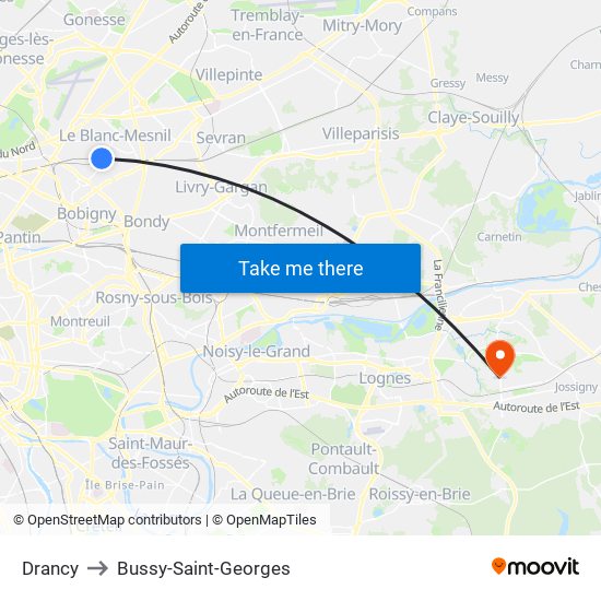 Drancy to Bussy-Saint-Georges map