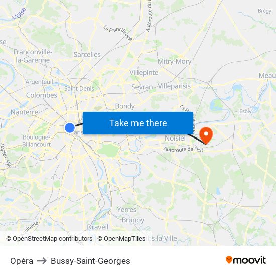 Opéra to Bussy-Saint-Georges map