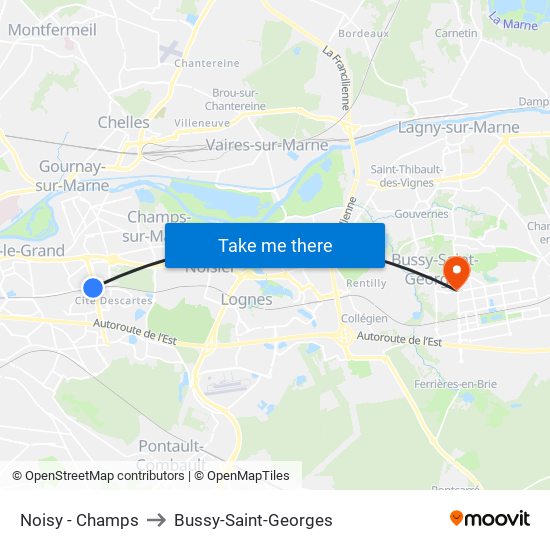 Noisy - Champs to Bussy-Saint-Georges map