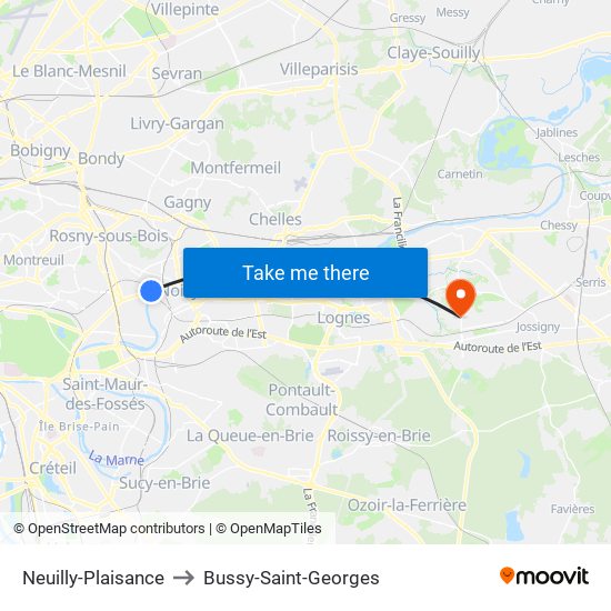 Neuilly-Plaisance to Bussy-Saint-Georges map