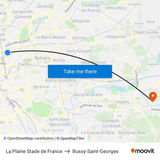 La Plaine Stade de France to Bussy-Saint-Georges map