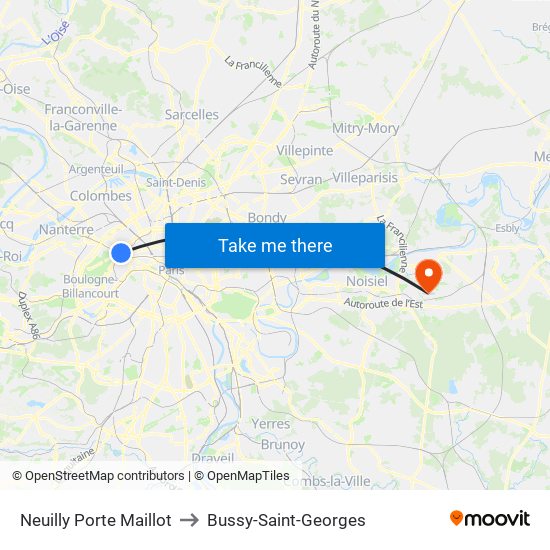 Neuilly Porte Maillot to Bussy-Saint-Georges map