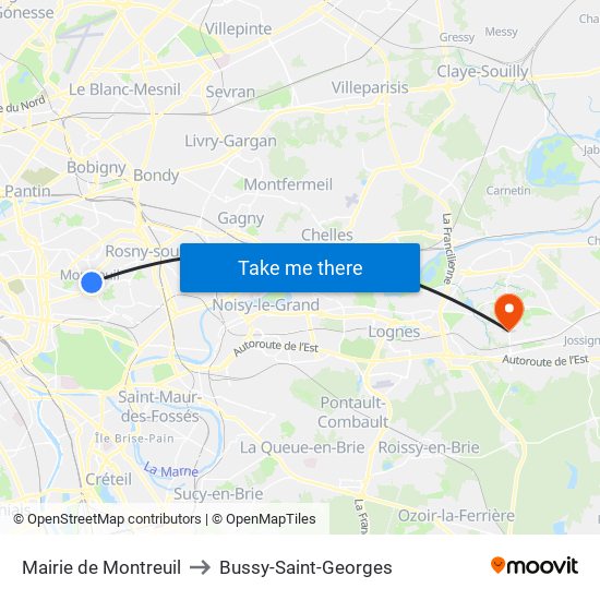 Mairie de Montreuil to Bussy-Saint-Georges map