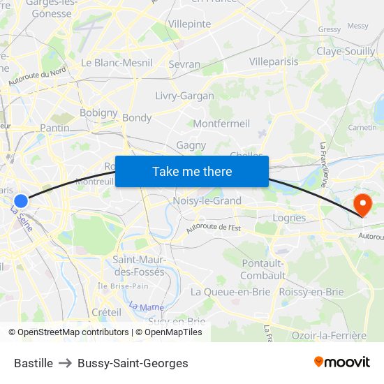Bastille to Bussy-Saint-Georges map
