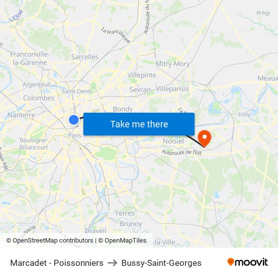 Marcadet - Poissonniers to Bussy-Saint-Georges map