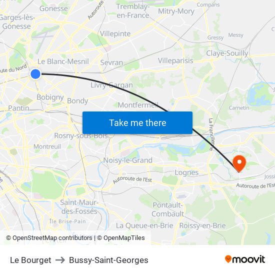 Le Bourget to Bussy-Saint-Georges map