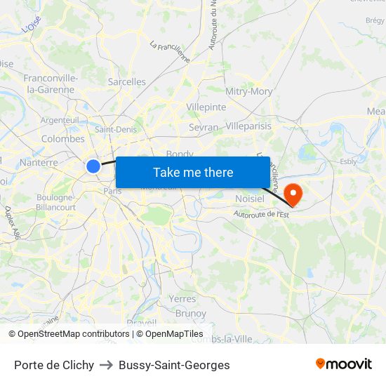 Porte de Clichy to Bussy-Saint-Georges map