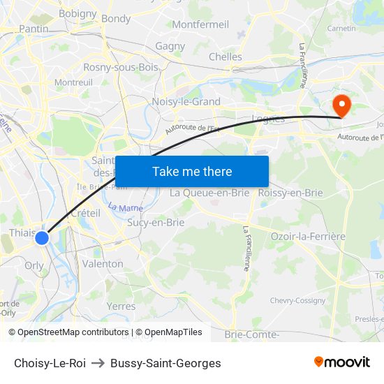 Choisy-Le-Roi to Bussy-Saint-Georges map